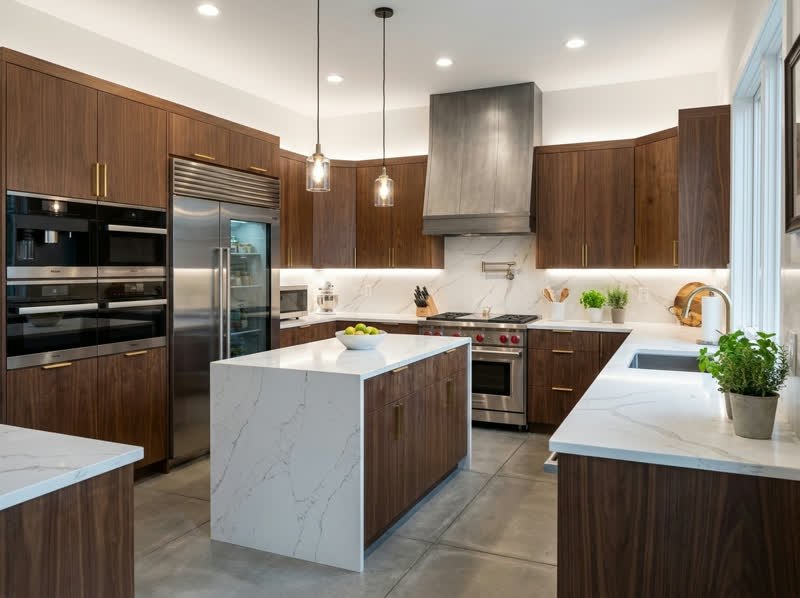 The same kitchen after renovation, with flat-panel walnut cabinets, white quartz counters, and a waterfall island