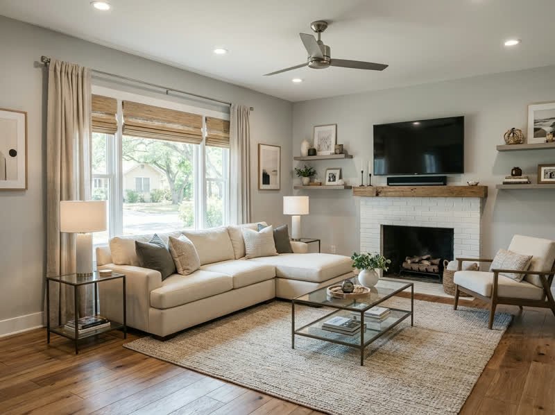 The same living room after renovation, with pale walls, wood floors, and simple modern furniture