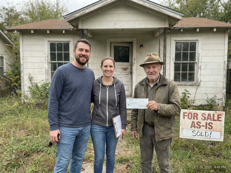 Homeowner holding a cash check in front of his sold as-is house, standing with the two local buyers