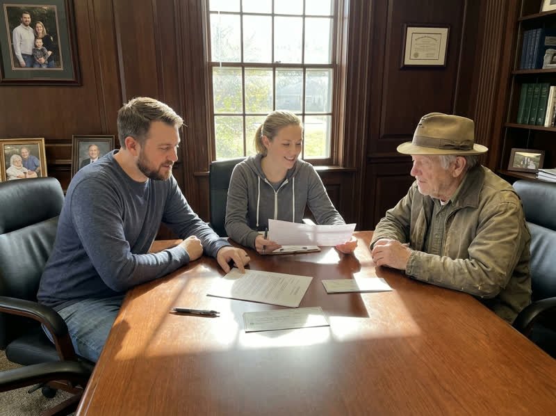 Homeowner and two buyers reviewing closing paperwork at a title company conference table